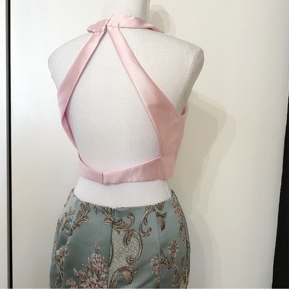 Alyce PARIS 2 PIECES FLORAL EMBROIDERED BROCADE HIGH RISE SKIRT HALTER TOP DRESS - Picture 5 of 10